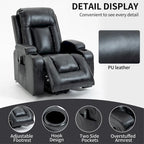 Fauteuil inclinable releveur en similicuir noir, 8 points de massage, chauffant, USB