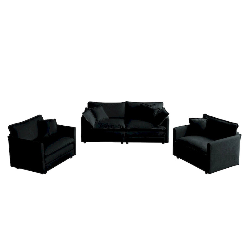 Black 3-Piece Chenille Sofa Set with Loveseat and 2 Single Sofas