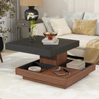 Table basse carrée à 2 niveaux rotative à 360° avec 3 plateaux amovibles