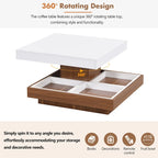 Table basse carrée à 2 niveaux rotative à 360° avec 3 plateaux amovibles