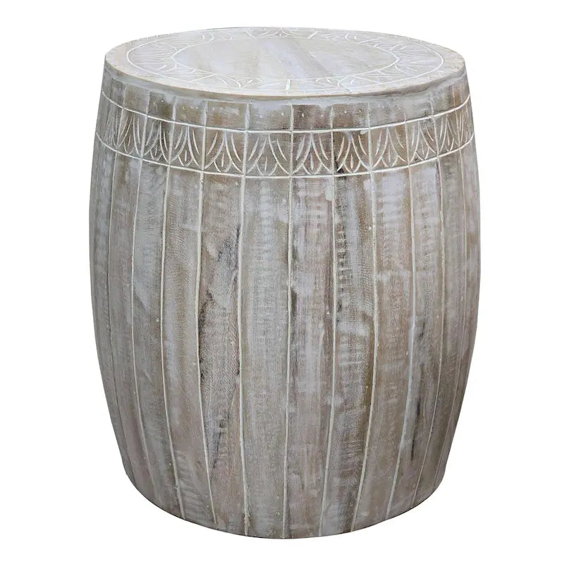 Serenity Side End Table with 16 Inch Round Top, In Antique White Mango Wood