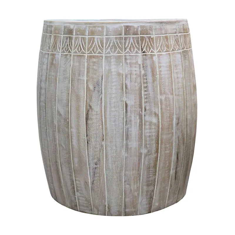 Serenity Side End Table with 16 Inch Round Top, In Antique White Mango Wood