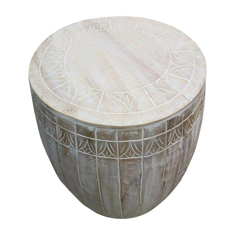 Serenity Side End Table with 16 Inch Round Top, In Antique White Mango Wood