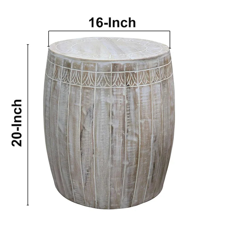 Serenity Side End Table with 16 Inch Round Top, In Antique White Mango Wood