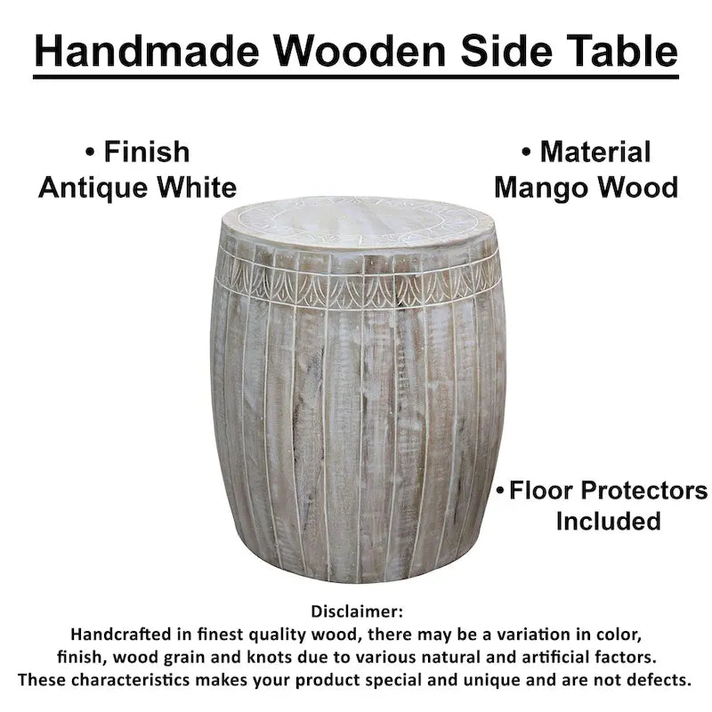 Serenity Side End Table with 16 Inch Round Top, In Antique White Mango Wood
