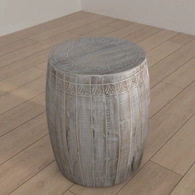 Serenity Side End Table with 16 Inch Round Top, In Antique White Mango Wood