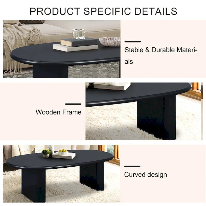 Modern Coffee Table Oval Coffee Table with 2 Vertical Thick Feet Rounded Edges, for Living Rooms Antique Black