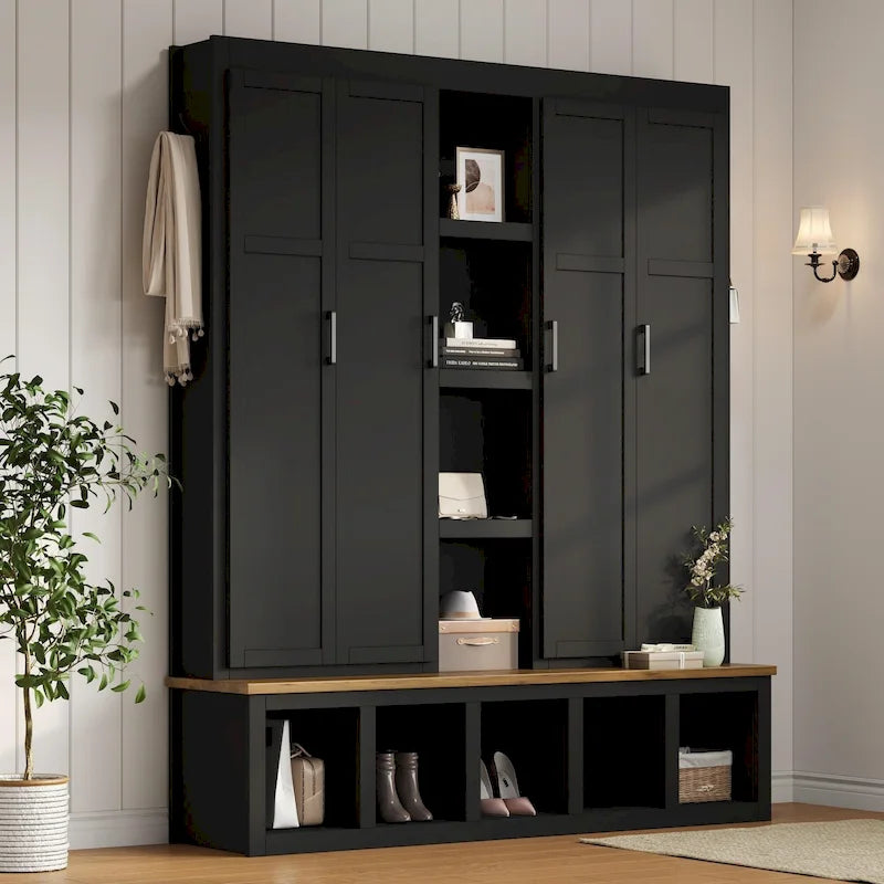 Farmhouse-Style 4-in-1 Hall Tree with Mudroom Bench by