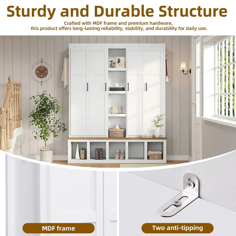 Farmhouse-Style 4-in-1 Hall Tree with Mudroom Bench by