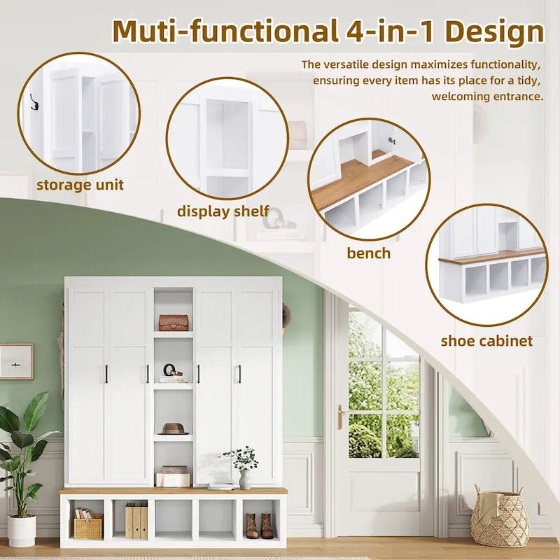 Farmhouse-Style 4-in-1 Hall Tree with Mudroom Bench by