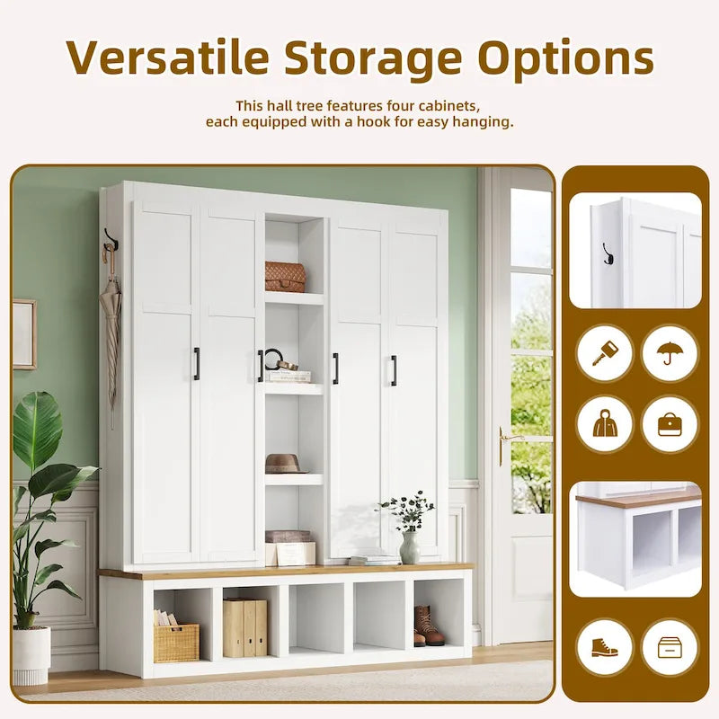 Farmhouse-Style 4-in-1 Hall Tree with Mudroom Bench by