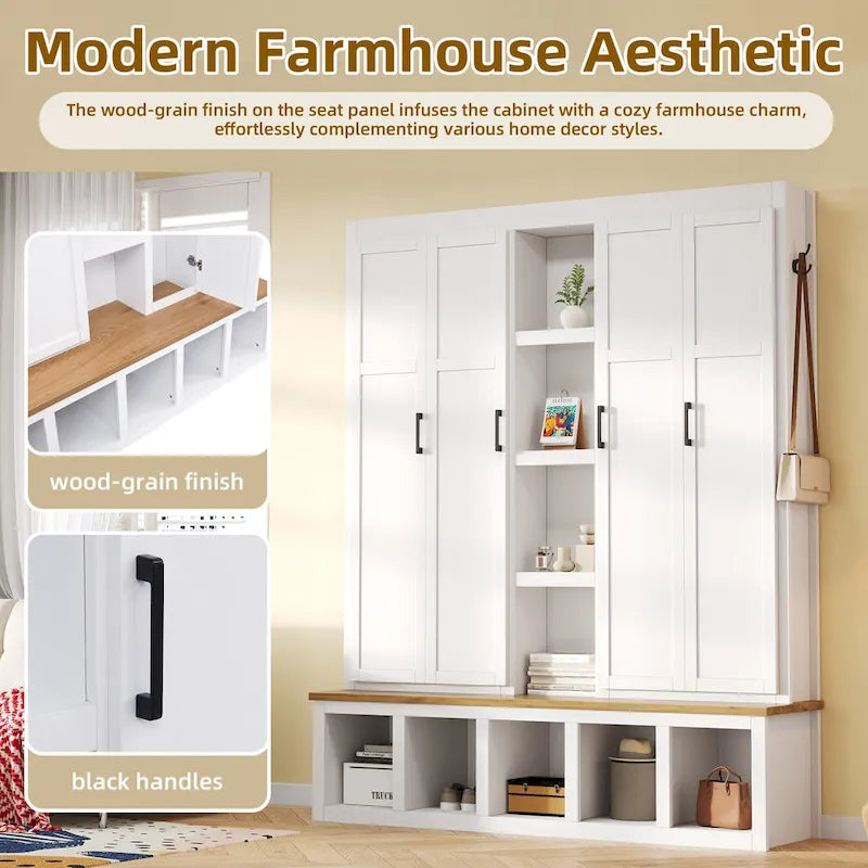 Farmhouse-Style 4-in-1 Hall Tree with Mudroom Bench by