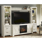 Meuble télé 4 pièces blanc délavé avec cheminée électrique – 103,5 po L x 19,5 po P x 72,25 po H