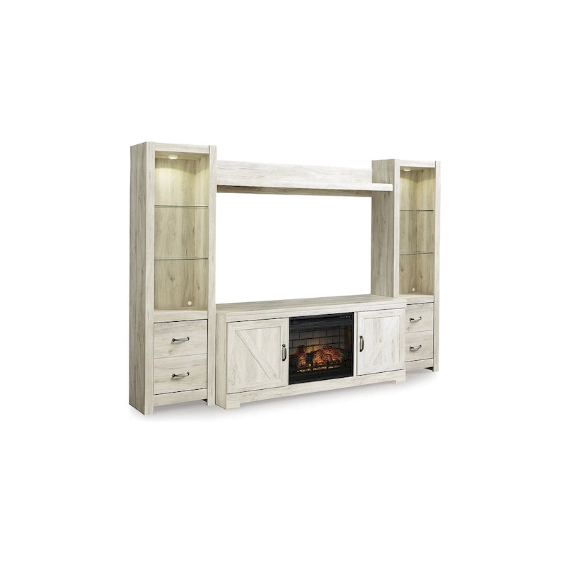 Meuble télé 4 pièces blanc délavé avec cheminée électrique – 103,5 po L x 19,5 po P x 72,25 po H