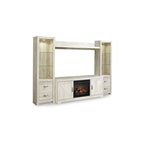 Meuble télé 4 pièces blanc délavé avec cheminée électrique – 103,5 po L x 19,5 po P x 72,25 po H