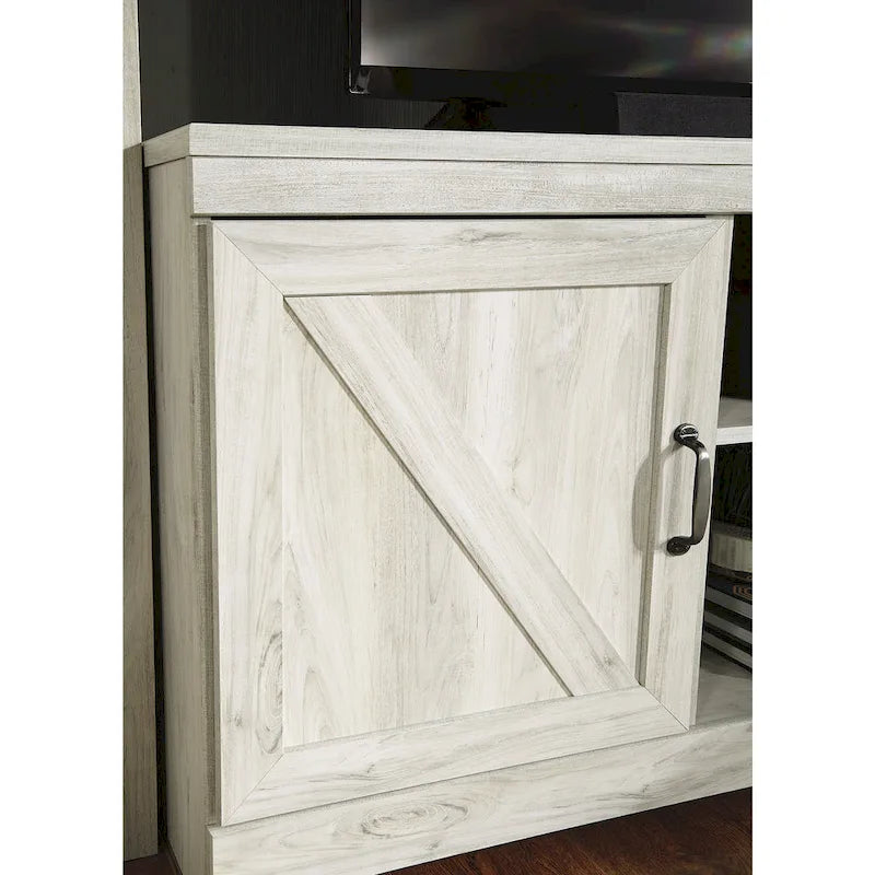 Meuble télé 4 pièces blanc délavé avec cheminée électrique – 103,5 po L x 19,5 po P x 72,25 po H