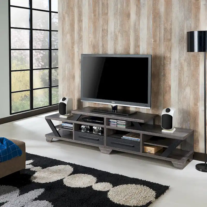Meuble télé étagé moderne gris de 208 cm avec étagères ouvertes par