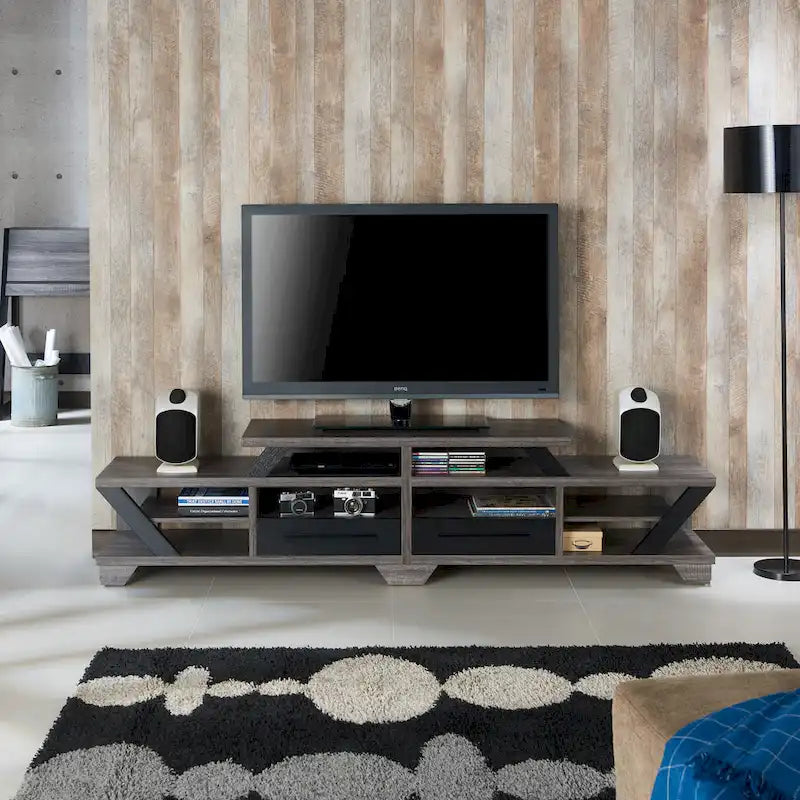 Meuble télé étagé moderne gris de 208 cm avec étagères ouvertes par
