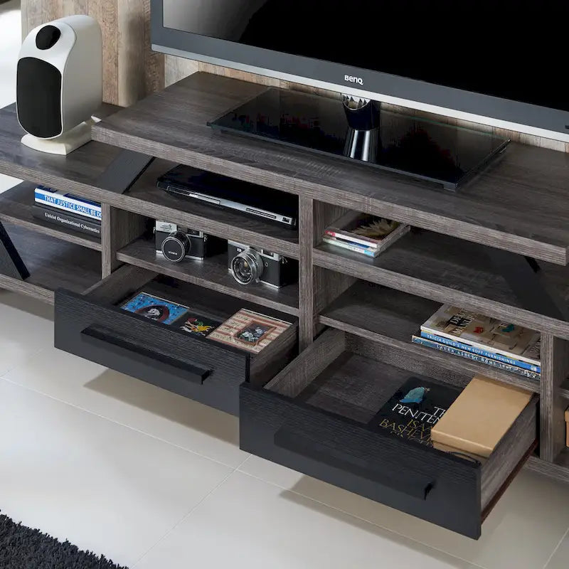 Meuble télé étagé moderne gris de 208 cm avec étagères ouvertes par