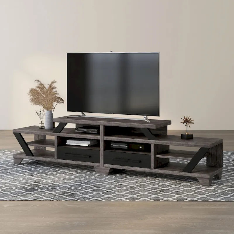 Meuble télé étagé moderne gris de 208 cm avec étagères ouvertes par