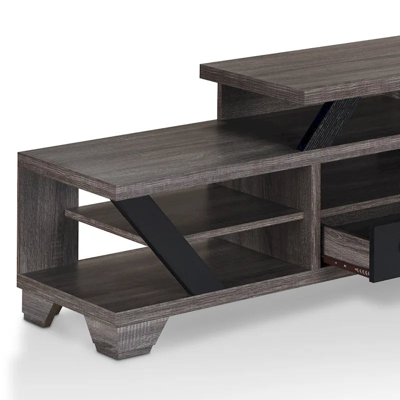 Meuble télé étagé moderne gris de 208 cm avec étagères ouvertes par