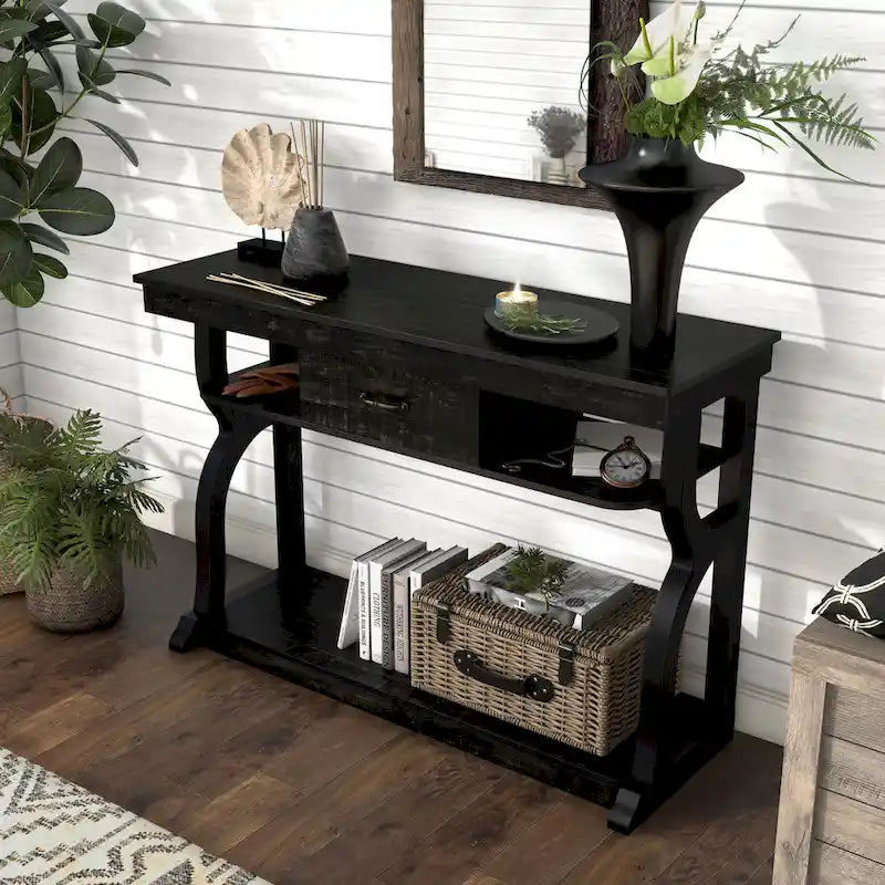 Farmhouse Black Oak 47-inch 3-Open Shelf Console Table by 