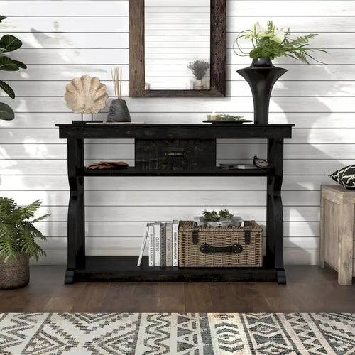 Console de 47 po en chêne noir à 3 tablettes ouvertes