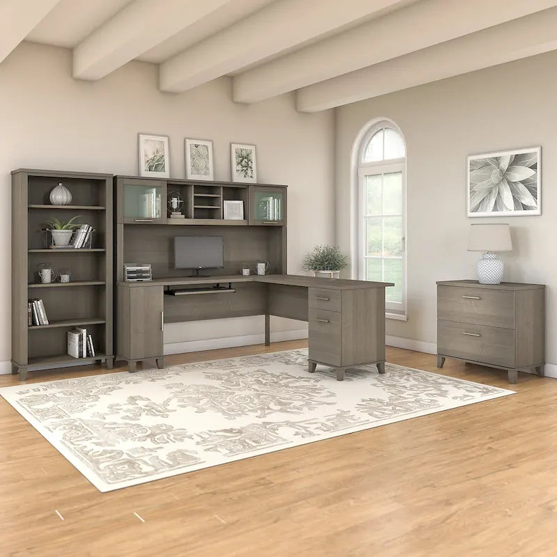 72W L Shaped Desk with Hutch, Cabinet and Bookcase in Gray