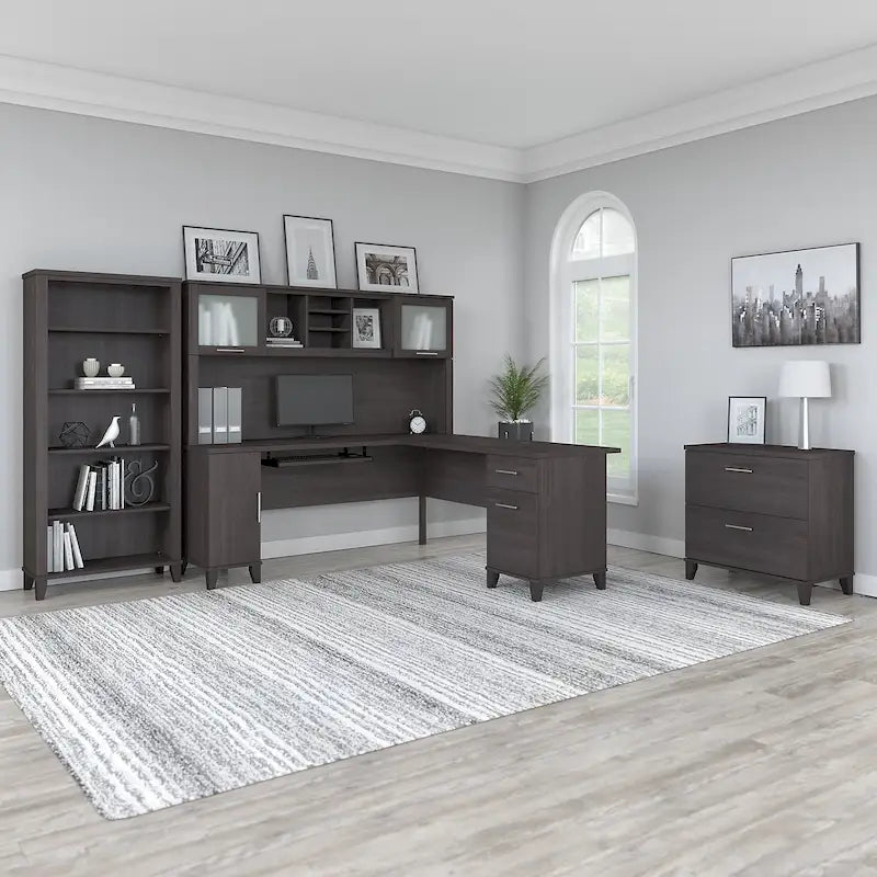 72W L Shaped Desk with Hutch, Cabinet and Bookcase in Gray