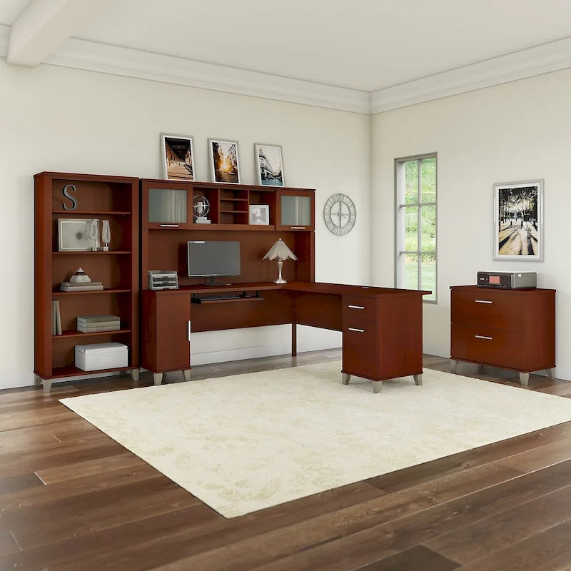 72W L Shaped Desk with Hutch, Cabinet and Bookcase in Gray