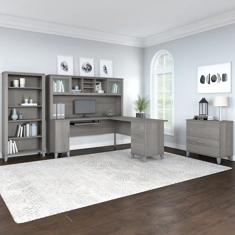 72W L Shaped Desk with Hutch, Cabinet and Bookcase in Gray