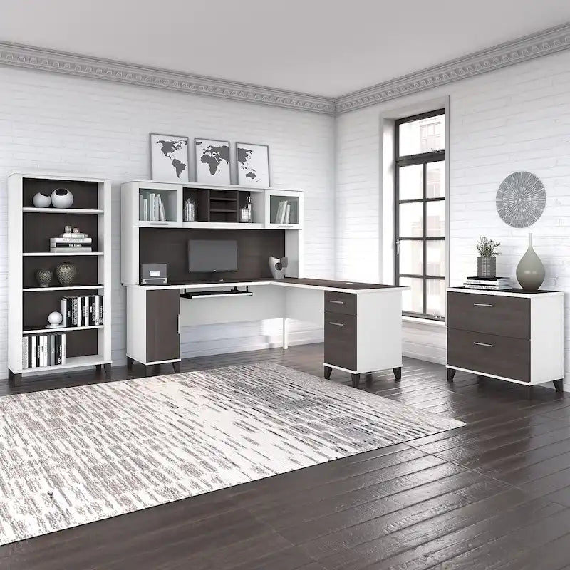72W L Shaped Desk with Hutch, Cabinet and Bookcase in Gray
