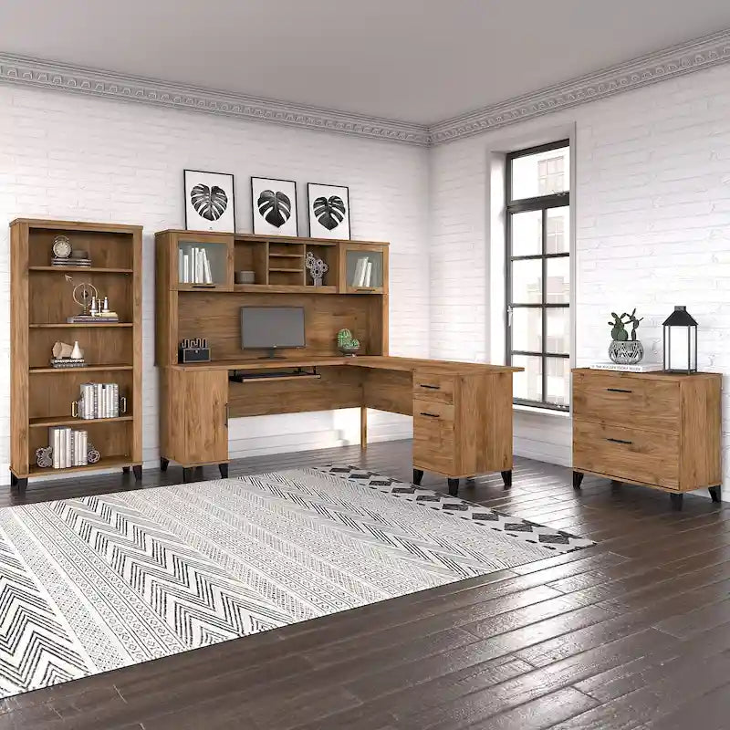 72W L Shaped Desk with Hutch, Cabinet and Bookcase in Gray