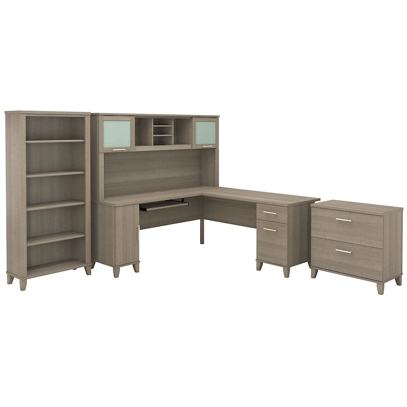 72W L Shaped Desk with Hutch, Cabinet and Bookcase in Gray