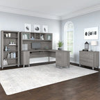 72W L Shaped Desk with Hutch, Cabinet and Bookcase in Gray