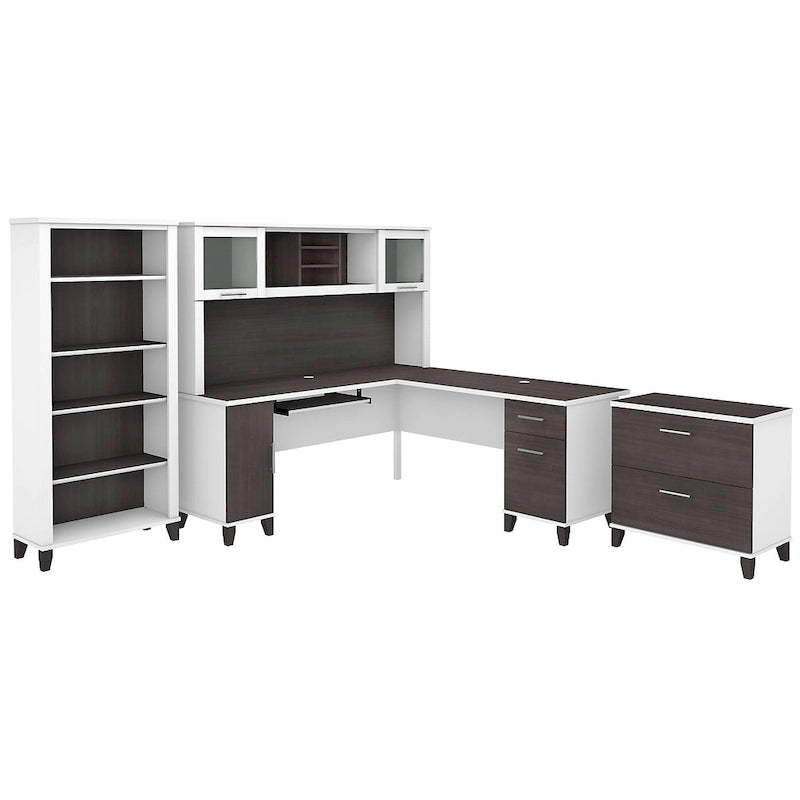72W L Shaped Desk with Hutch, Cabinet and Bookcase in Gray