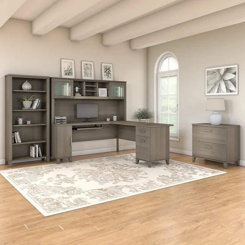 72W L Shaped Desk with Hutch, Cabinet and Bookcase in Gray