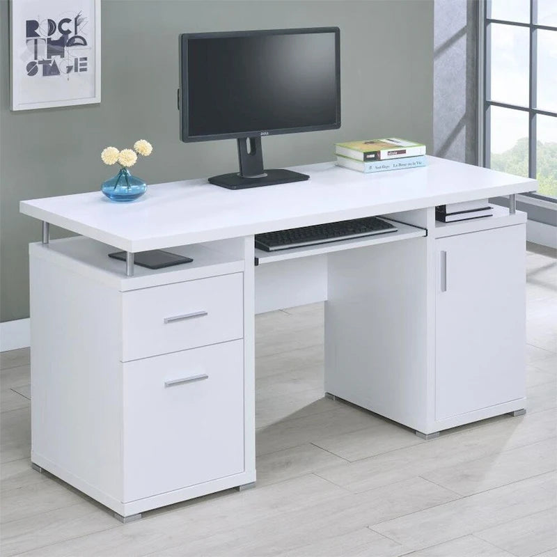 Computer Desk with 2 Drawers and Cabinet in White
