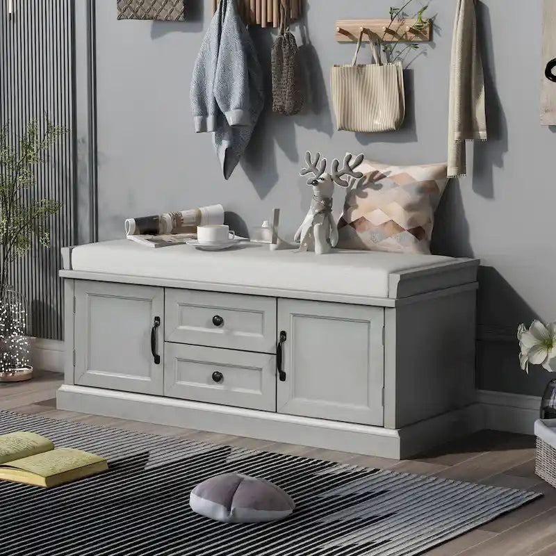 Storage Shoes Bench with 2 Drawers, 2 Cabinets and Removable Cushion
