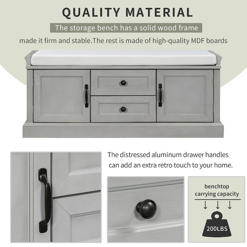 Storage Shoes Bench with 2 Drawers, 2 Cabinets and Removable Cushion