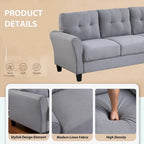 Light Grey-Blue Linen Upholstered Modern 3-Seat Sofa, Comfortable Cushion