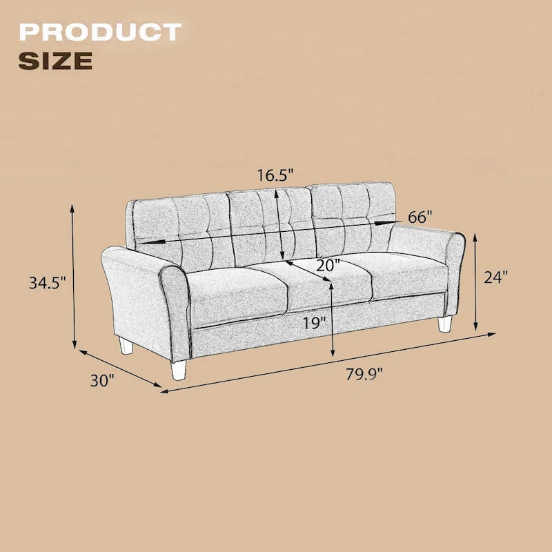 Light Grey-Blue Linen Upholstered Modern 3-Seat Sofa, Comfortable Cushion