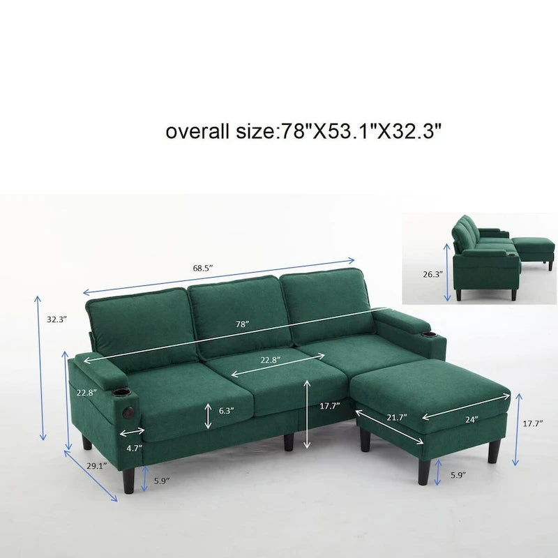 Upholstered 3-seat Sofa with Storage Ottoman for Living Room