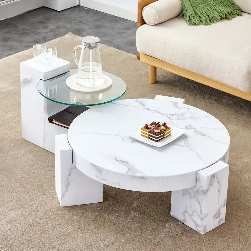 Marble textured MDF coffee table with a side table. Match with multiple scenes Suitable for living room and bedroom