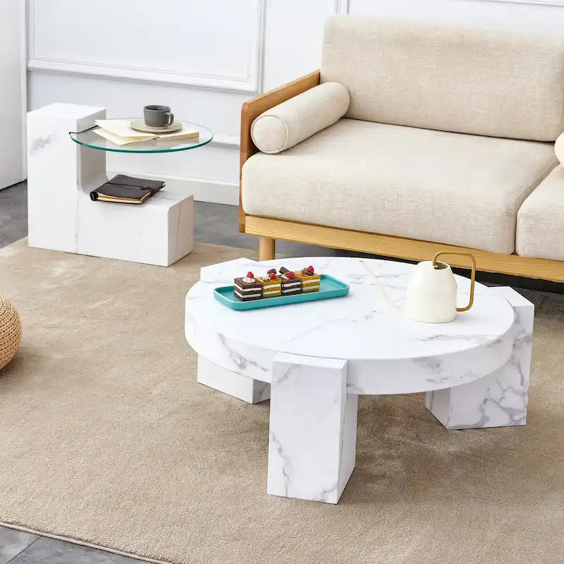 Marble textured MDF coffee table with a side table. Match with multiple scenes Suitable for living room and bedroom