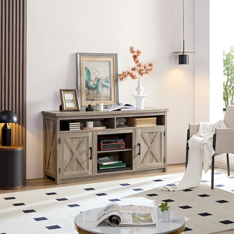 Farmhouse Barn door TV Media Stand Entertainment Console for TV Up to 65 with Open and Closed Storage Space