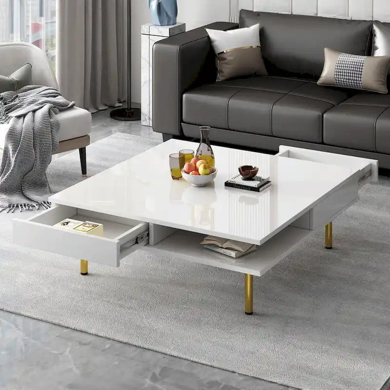 High Gloss Coffee Table: 4 Golden Legs, 2 Drawers, 2-Tier Square Design
