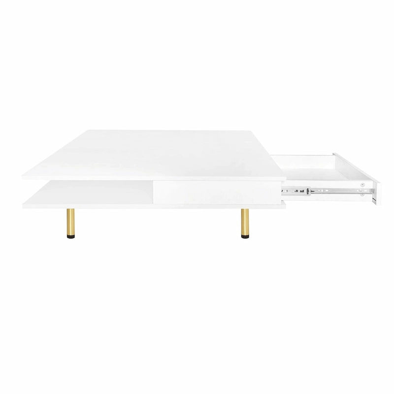 High Gloss Coffee Table: 4 Golden Legs, 2 Drawers, 2-Tier Square Design