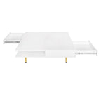 High Gloss Coffee Table: 4 Golden Legs, 2 Drawers, 2-Tier Square Design