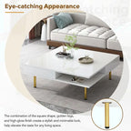 High Gloss Coffee Table: 4 Golden Legs, 2 Drawers, 2-Tier Square Design